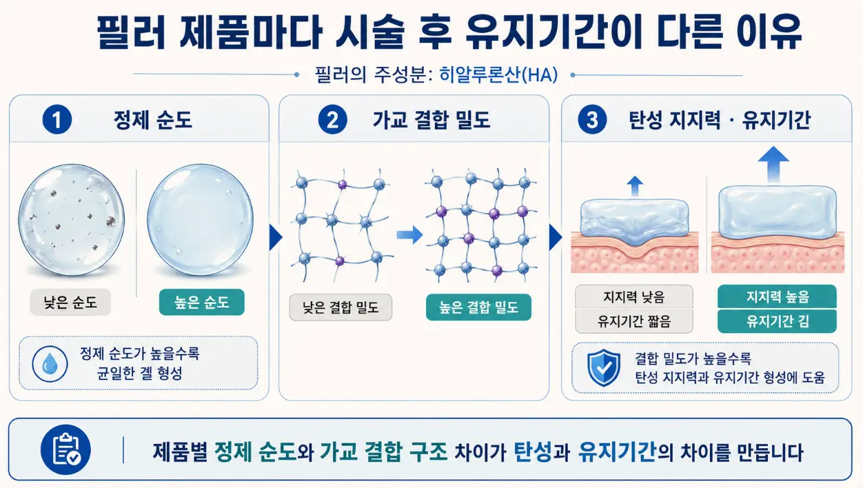 히알루론산 필러의 정제 순도와 가교 결합 밀도에 따른 탄성 및 유지기간 차이 비교