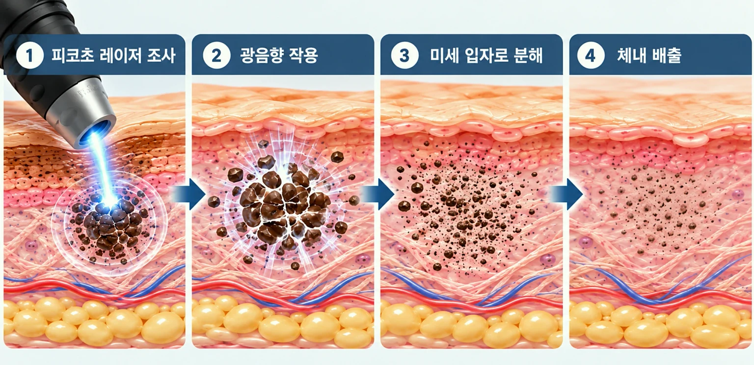 피코초 레이저 조사, 멜라닌 색소의 미세 입자 분해, 대식세포 처리 과정을 단계별로 나타낸 개념도