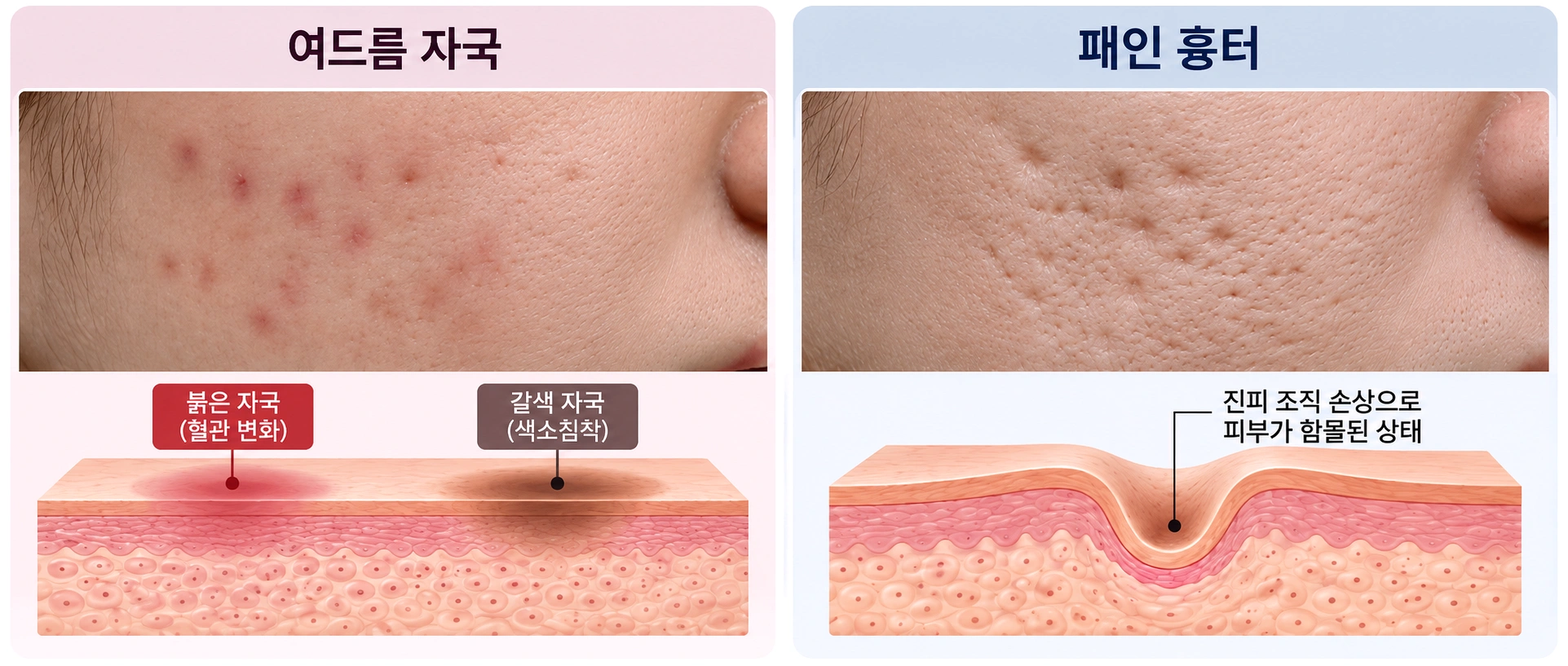 여드름 자국과 패인 흉터의 피부 구조 차이