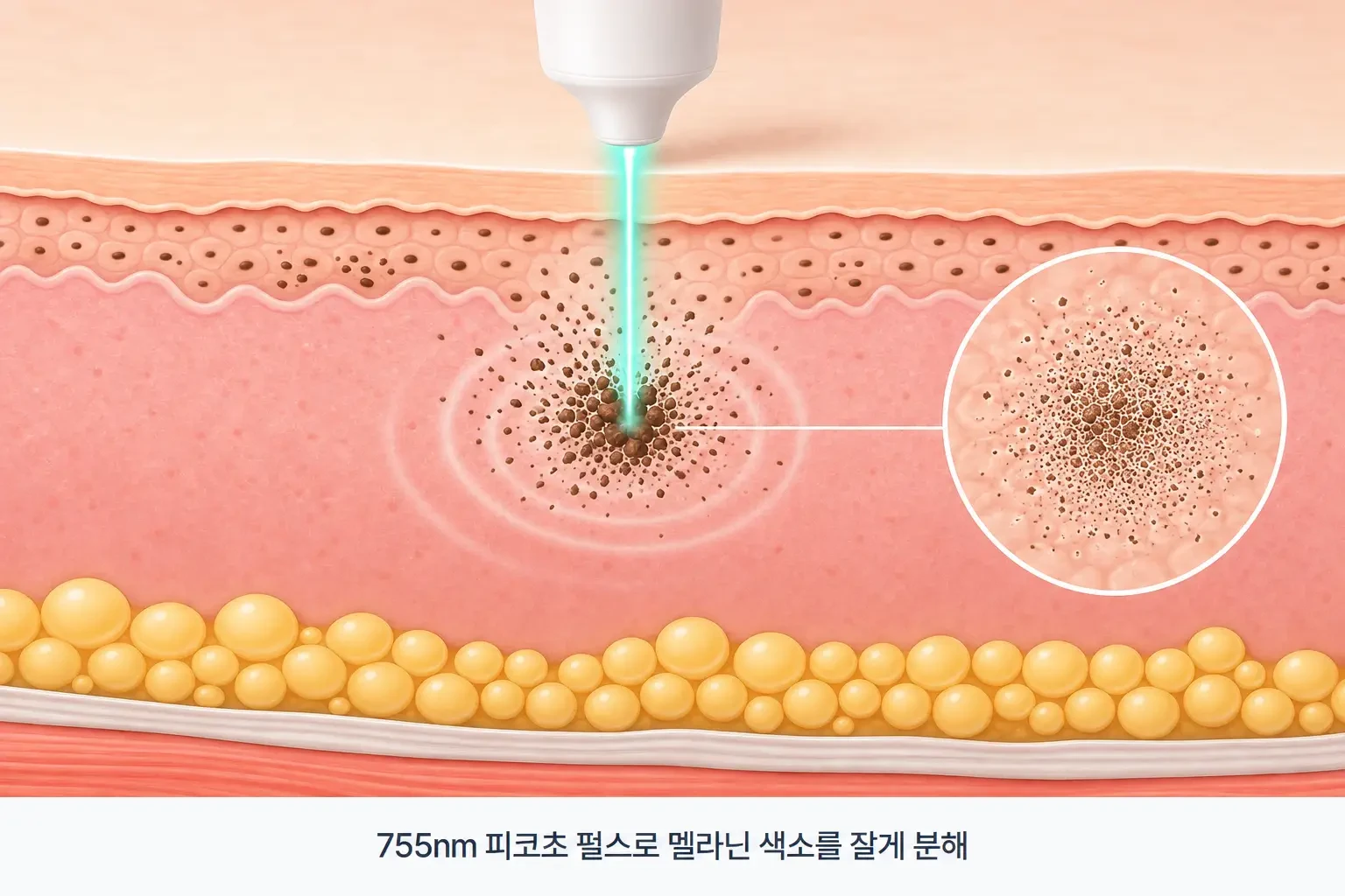 755nm 피코초 레이저 에너지가 멜라닌 색소에 닿아 미세 입자로 쪼개지는 원리를 그린 일러스트