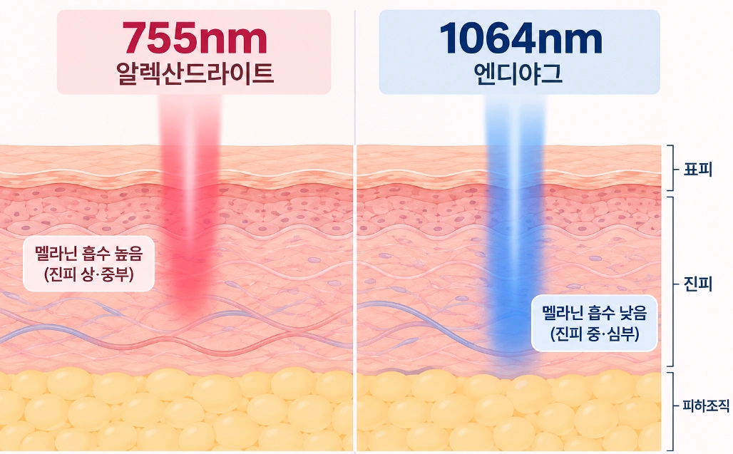 755nm 알렉산드라이트와 1064nm 엔디야그 파장의 멜라닌 흡수도와 피부 도달 깊이 차이를 비교한 단면도
