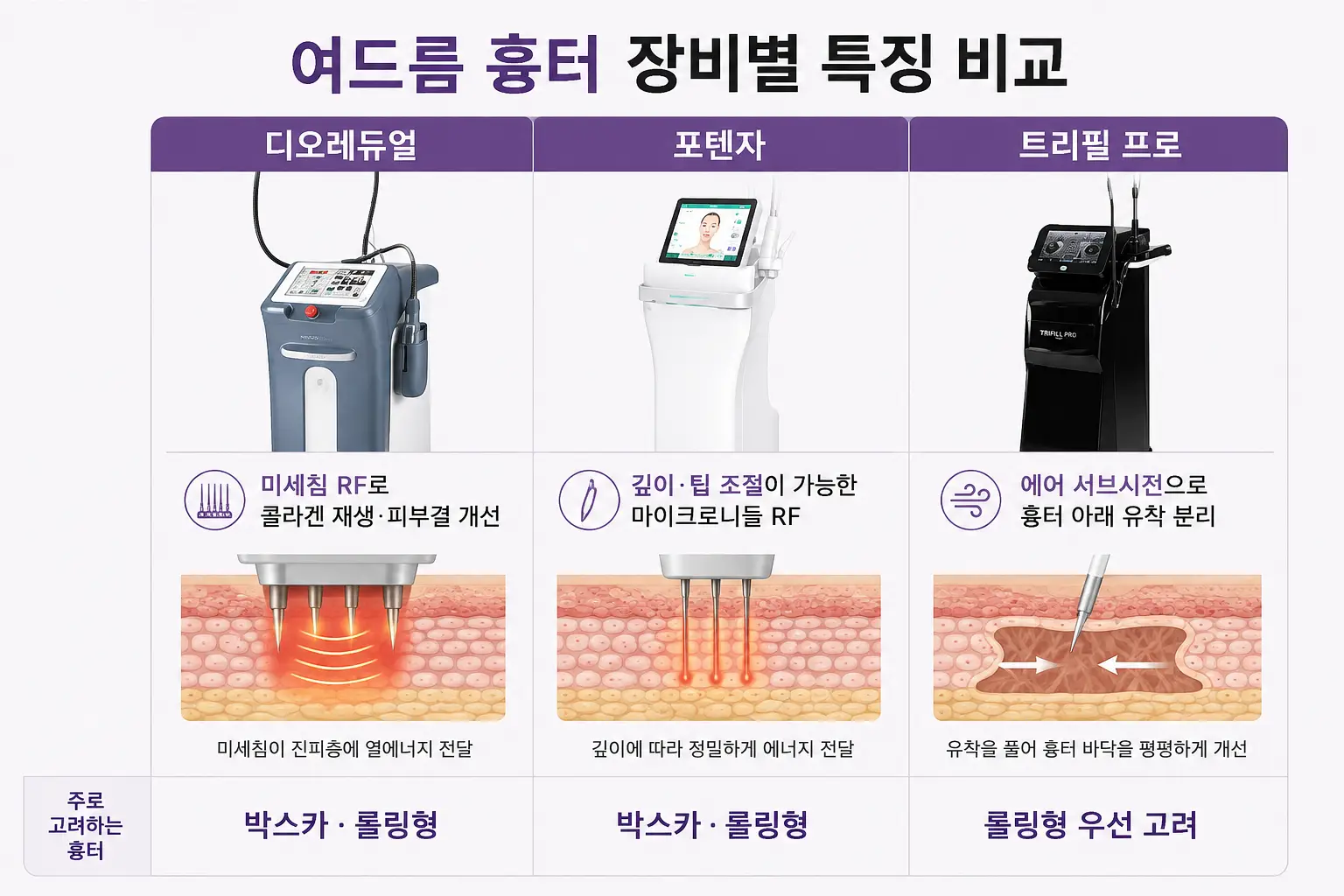 여드름 흉터 피부 장비별 특징 비교