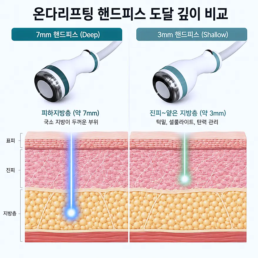 온다리프팅 딥 핸드피스와 샬로우 핸드피스 도달 깊이 비교