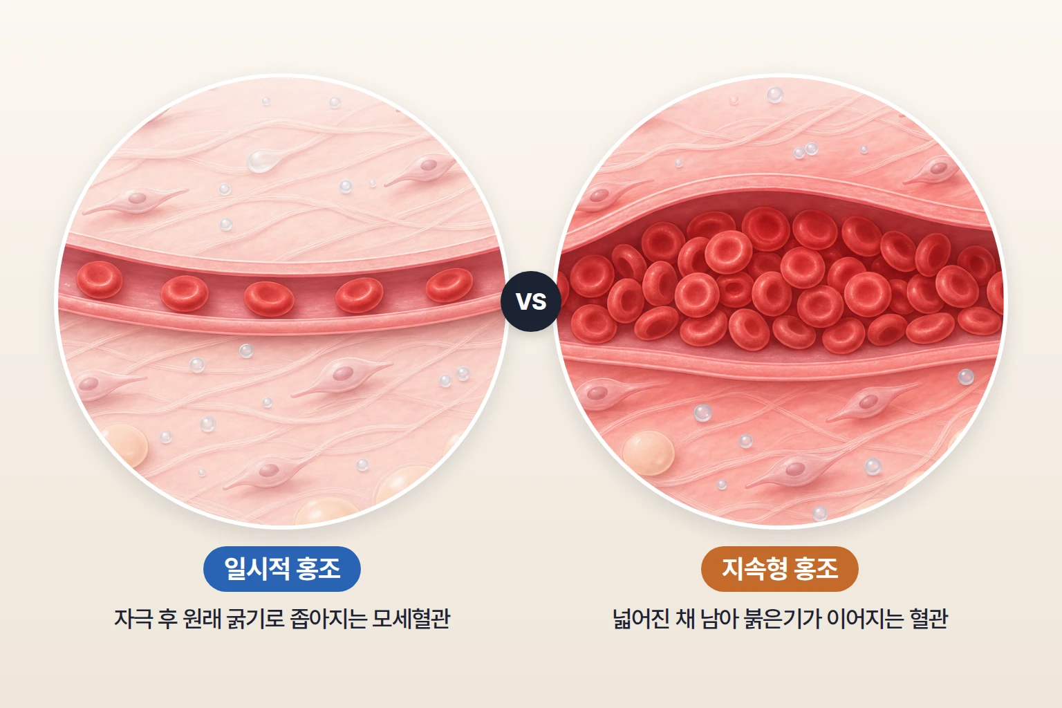 자극 뒤 원래 굵기로 좁아진 모세혈관과 넓어진 채 남은 혈관을 나란히 비교한 확대 일러스트
