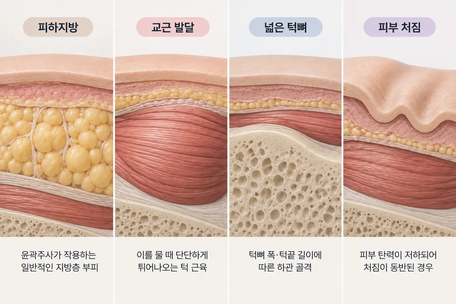 피하지방, 교근, 턱뼈, 피부 처짐 등 하관이 넓어 보이는 원인을 층별로 나눈 단면 모식도