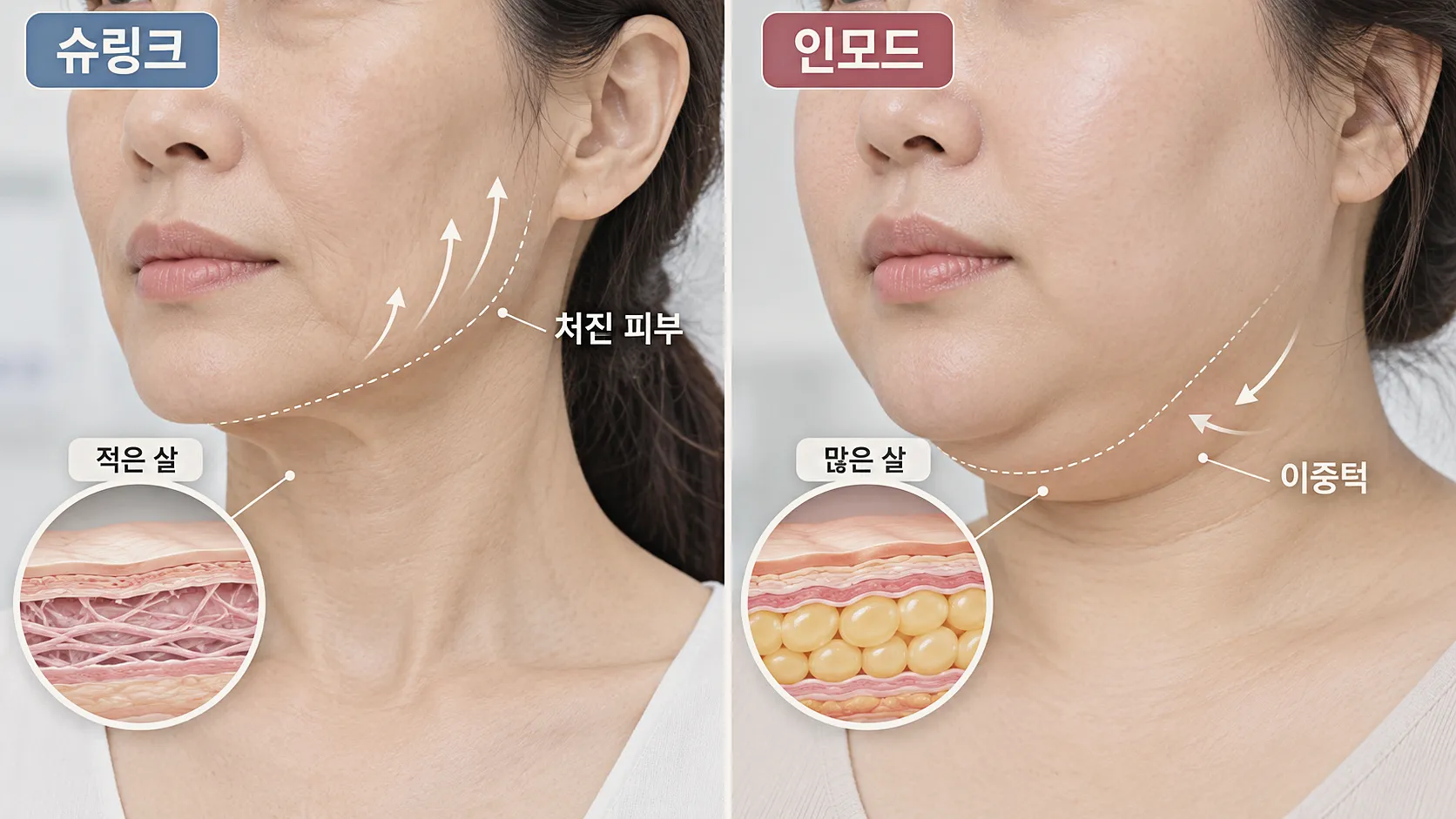 슈링크 인모드 리프팅 선택 기준 - 처짐과 지방 중 어느 쪽이 고민인가