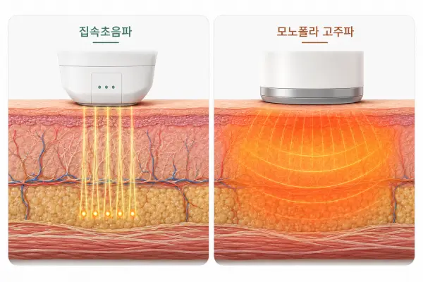 삼성역 피부과 울쎄라피 프라임 집속초음파와 세르프 모노폴라 고주파 에너지 전달 방식 비교