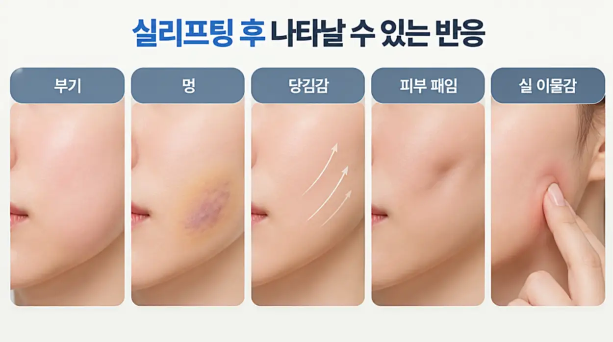 실리프팅 후 나타날 수 있는 부기, 멍, 당김감, 피부 패임, 실 이물감 비교