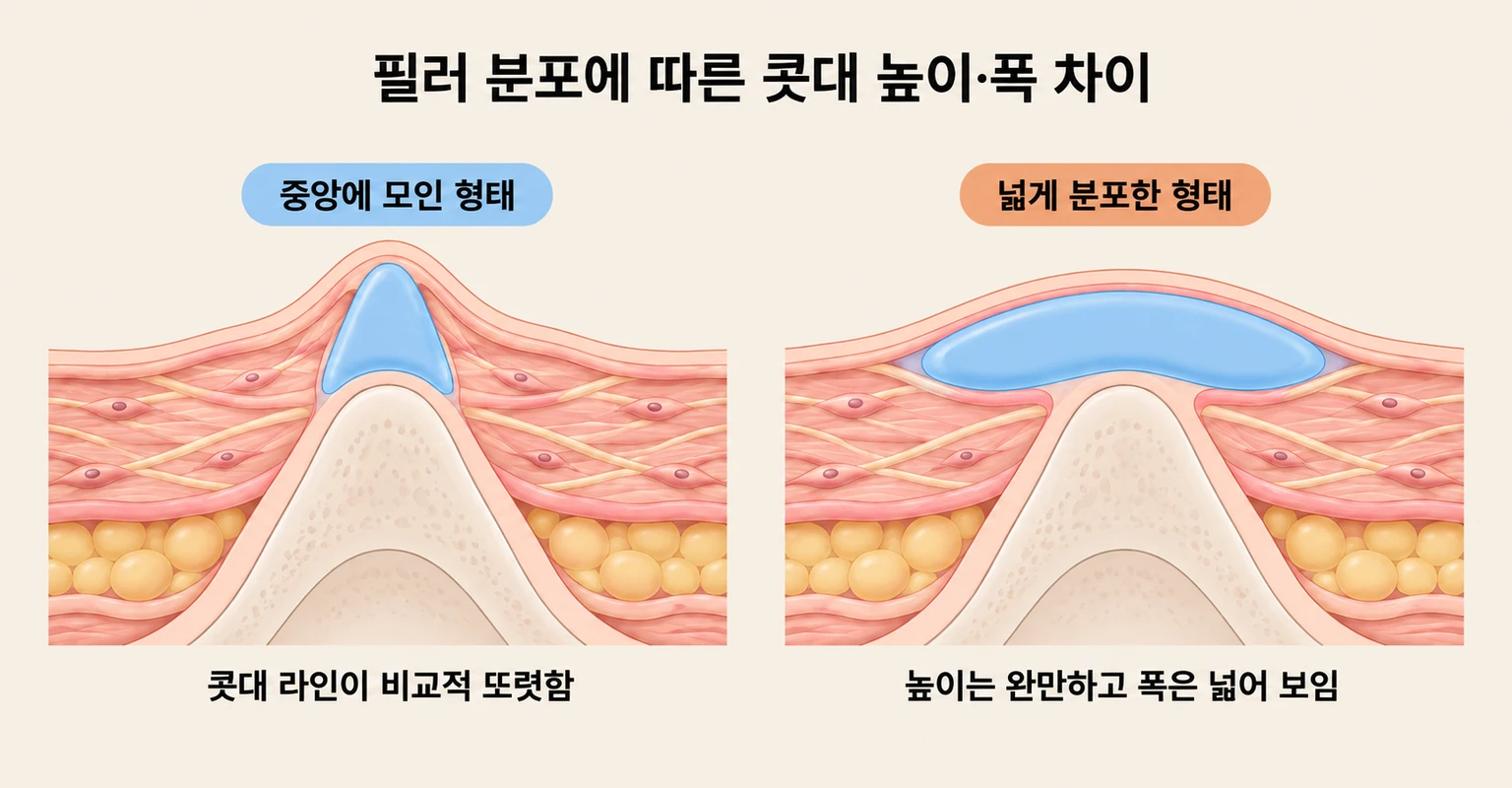 콧대 중앙에 모인 필러와 넓게 분포한 필러의 높이·폭 차이 비교
