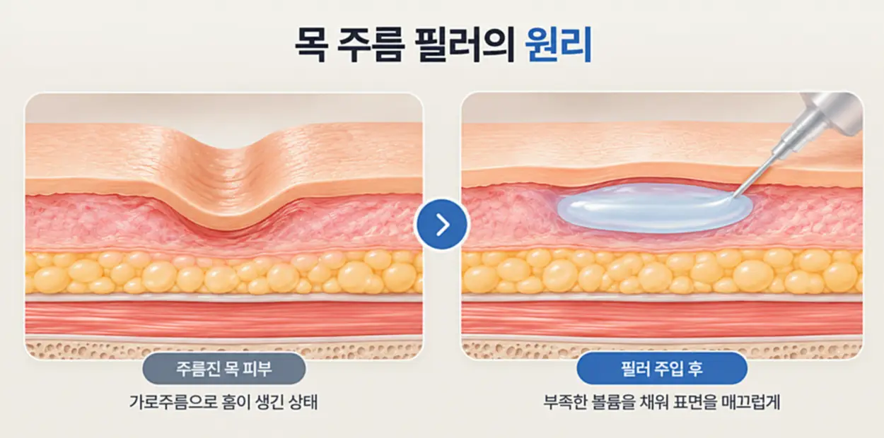 목주름 필러 시술 원리 인포그래픽, 히알루론산 필러를 주름 아래에 주입해 부족한 볼륨을 채우고 피부 표면을 매끄럽게 개선하는 과정