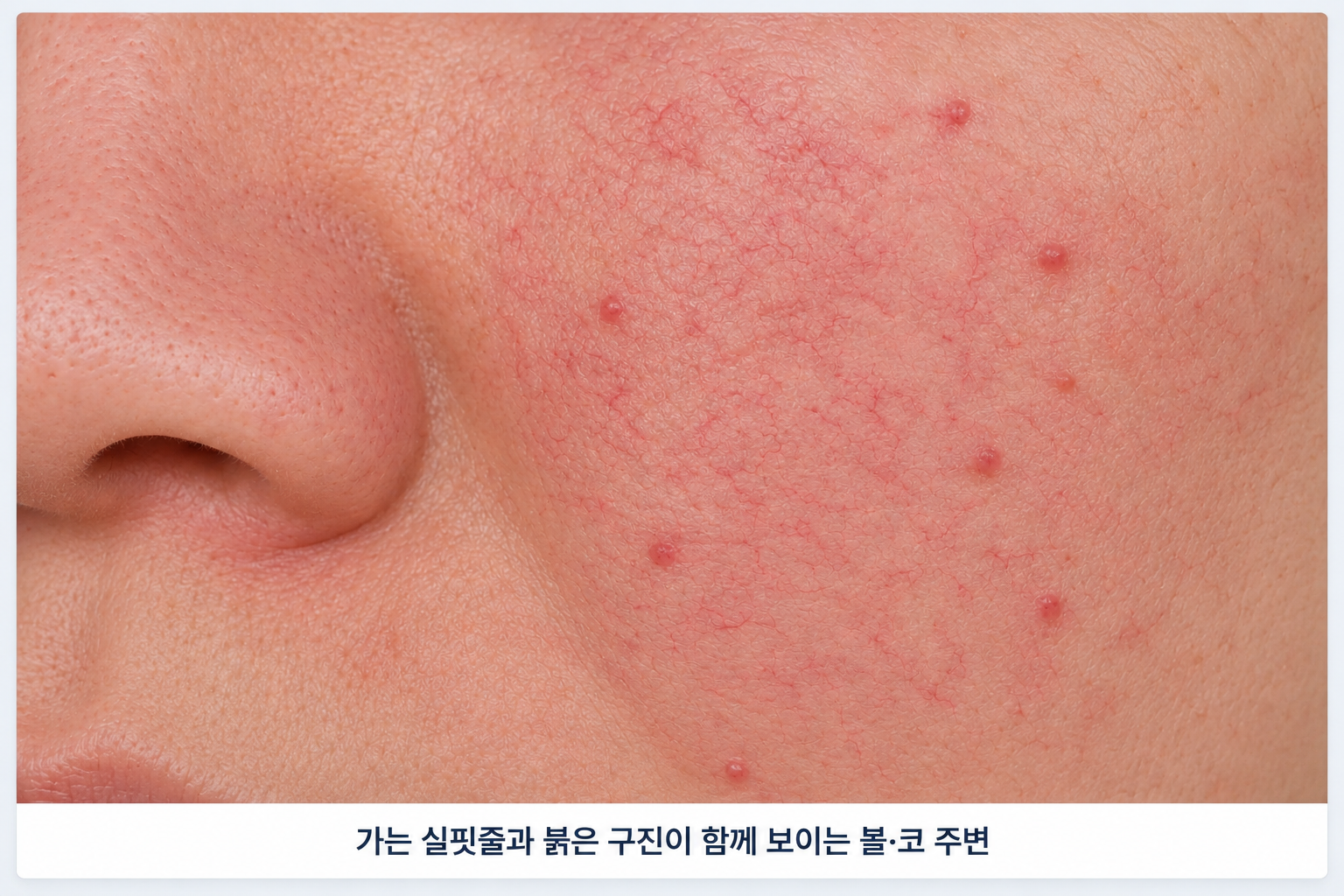 볼과 코 주변에 가는 모세혈관과 붉은 구진이 함께 나타나는 주사 피부염의 피부 모습