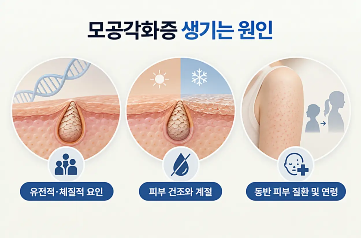 모공각화증이 생기는 주요 원인 3가지인 유전적·체질적 요인, 피부 건조와 계절 변화, 동반 피부 질환 및 연령을 모공 속 각질 축적과 팔 피부의 오돌토돌한 돌기 이미지로 설명한 인포그래픽.