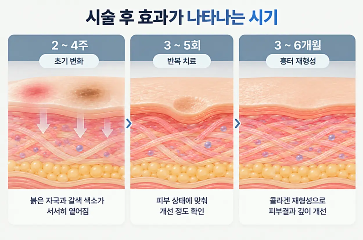 여드름 자국 시술 후 효과 시기 2~4주 초기 변화, 3~5회 반복 치료, 3~6개월 흉터 재형성 과정