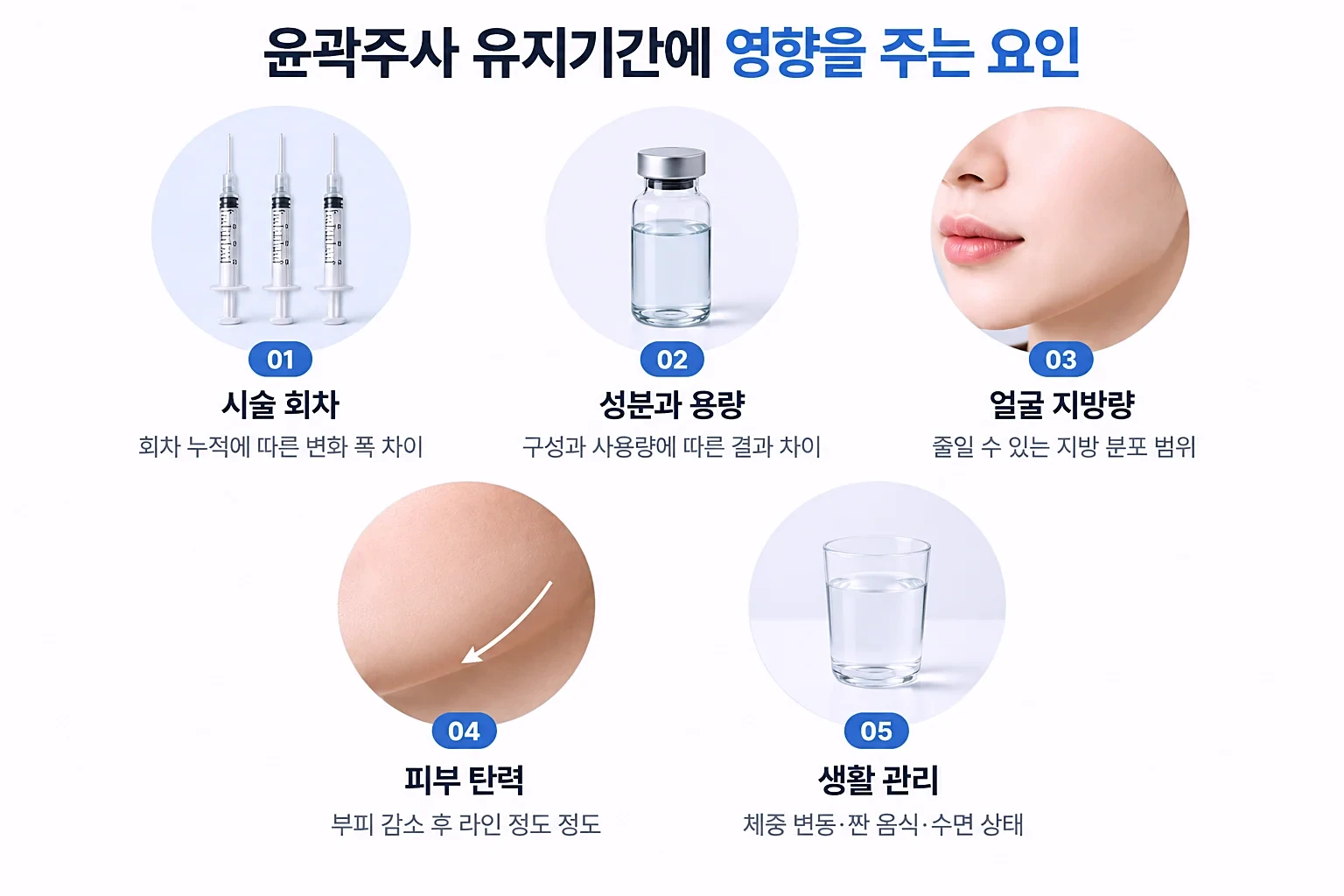 시술 회차, 성분 용량, 지방량, 피부 탄력, 생활 관리를 정리한 유지기간 요인 카드