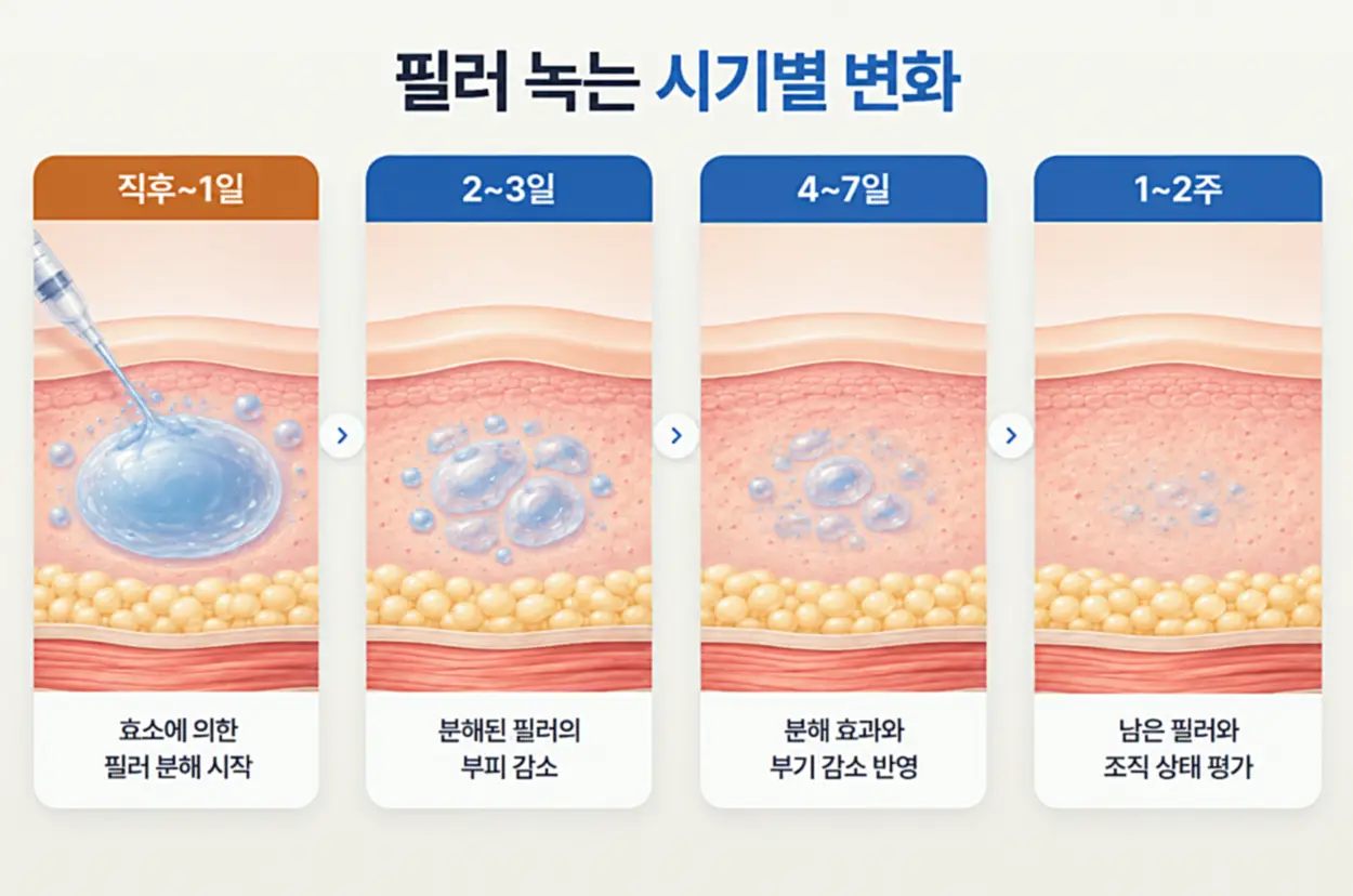 히알루론산 필러 덩어리가 녹이는 주사 후 시기별로 작아지는 모습을 같은 단면으로 비교한 모식도