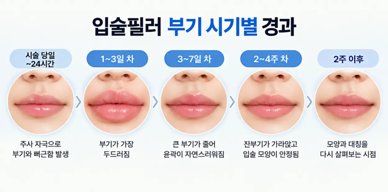 입술필러 시술 후 1~3일 차부터 2~4주 차까지 부기 변화와 회복 과정을 보여주는 이미지