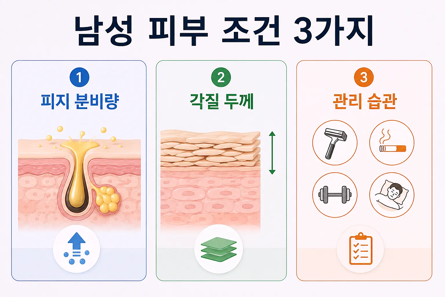 남성 피부 특징 세 가지 - 피지 분비량 각질층 두께 관리 습관