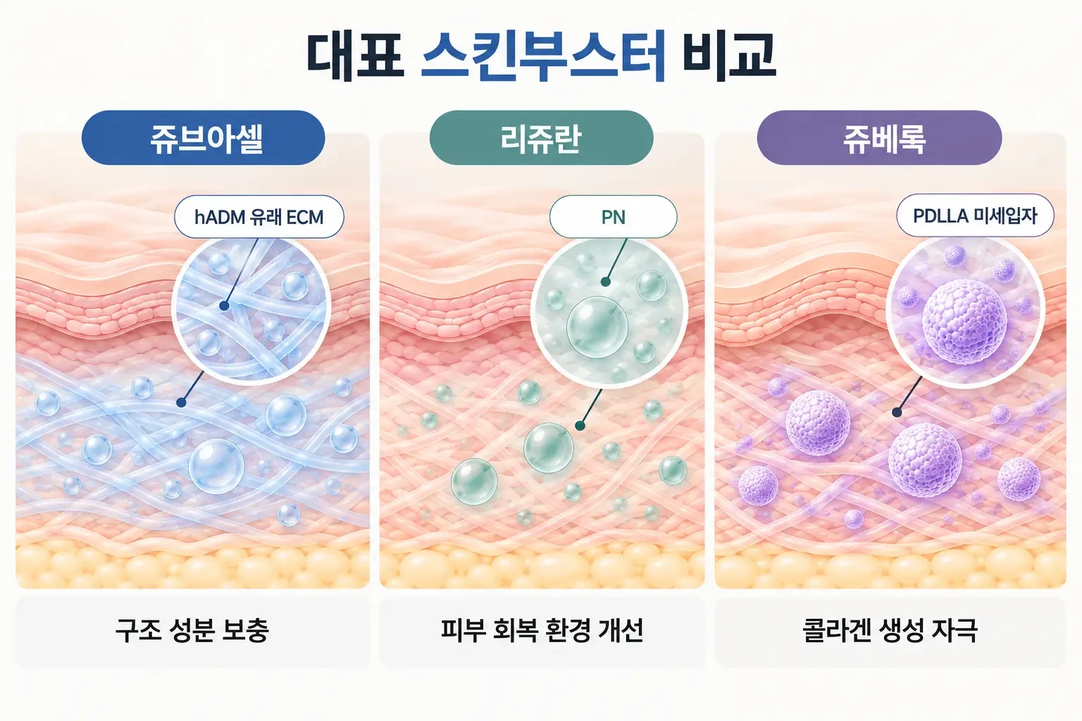 쥬브아셀의 hADM 유래 ECM 구조 성분 보충, 리쥬란의 PN 피부 회복 환경 개선,
