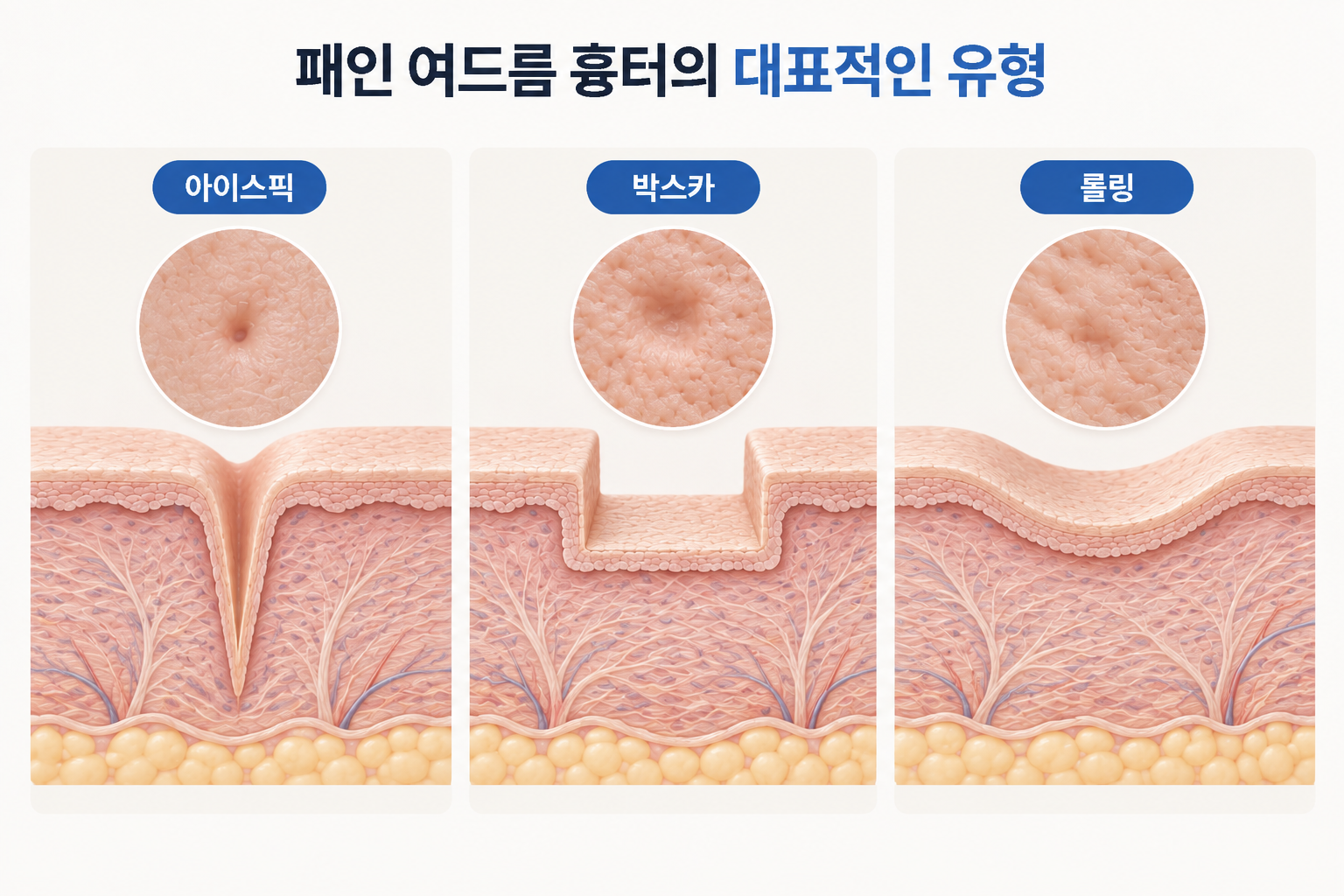 아이스픽 박스카 롤링 패인 여드름 흉터의 형태와 깊이 차이