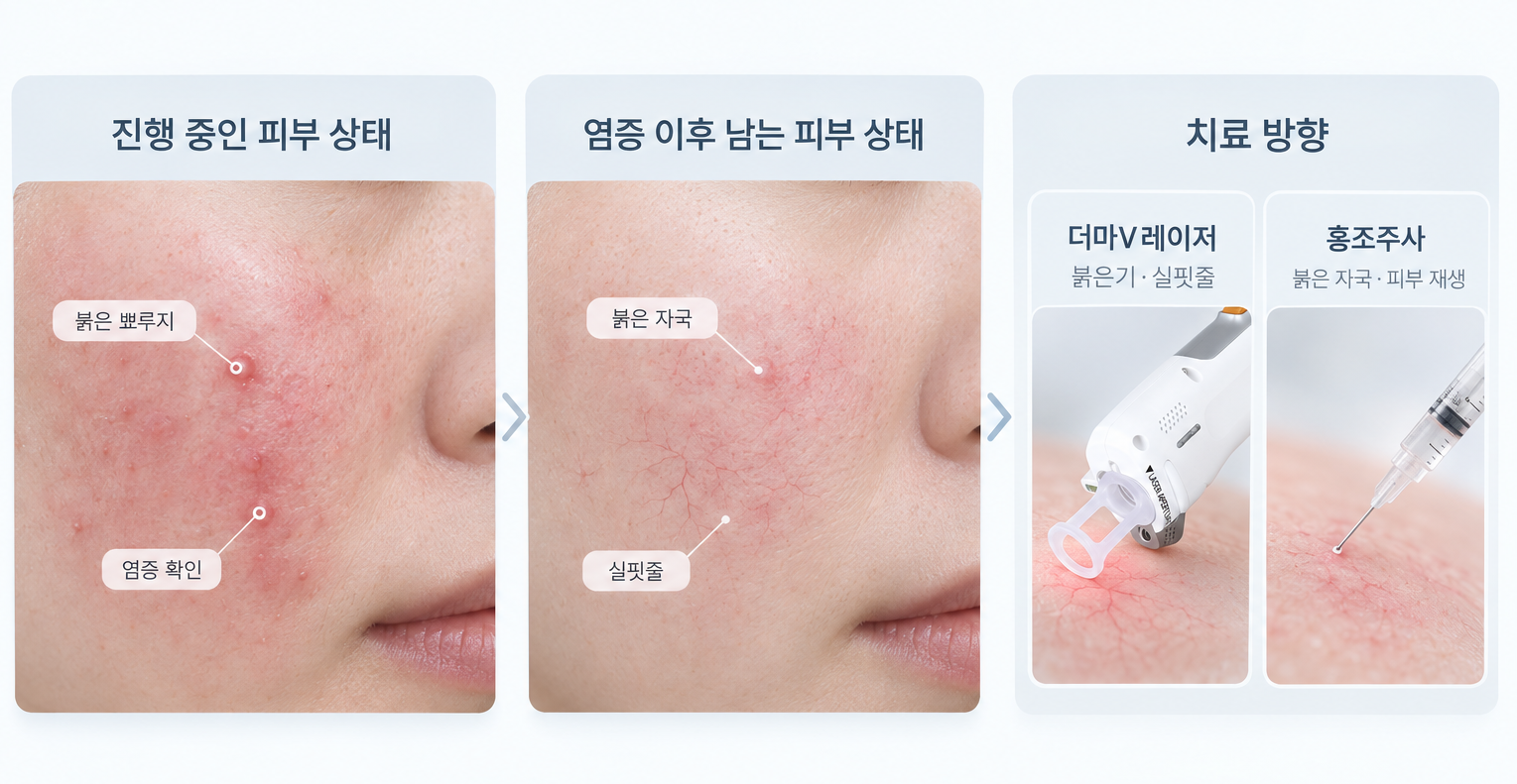붉은 뾰루지와 남은 붉은 자국을 구분한 더마V레이저 홍조주사 치료 방향