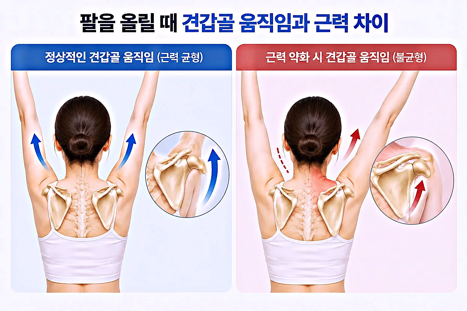 양팔 들어 올리기와 좌우 높이, 움직임 범위를 순서대로 확인하는 자가 점검 흐름