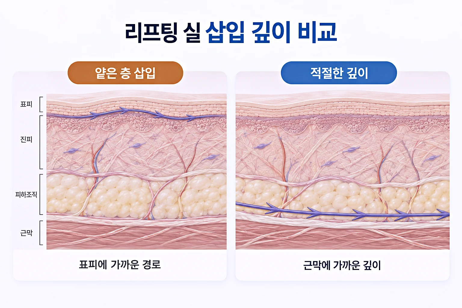 리프팅 실 삽입 깊이 비교 - 얕은 층 삽입과 적절한 깊이