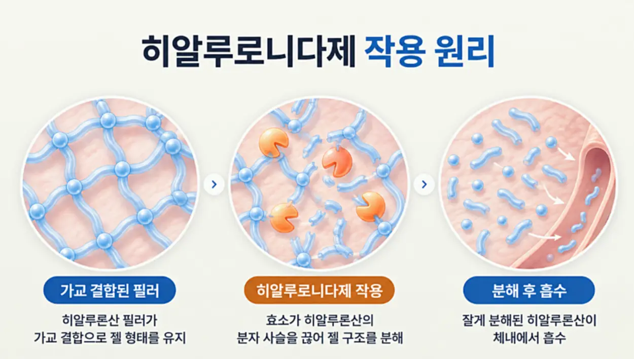 히알루로니다제 효소가 히알루론산 필러의 가교 결합 사슬을 끊어 조각내는 과정을 나타낸 개념도