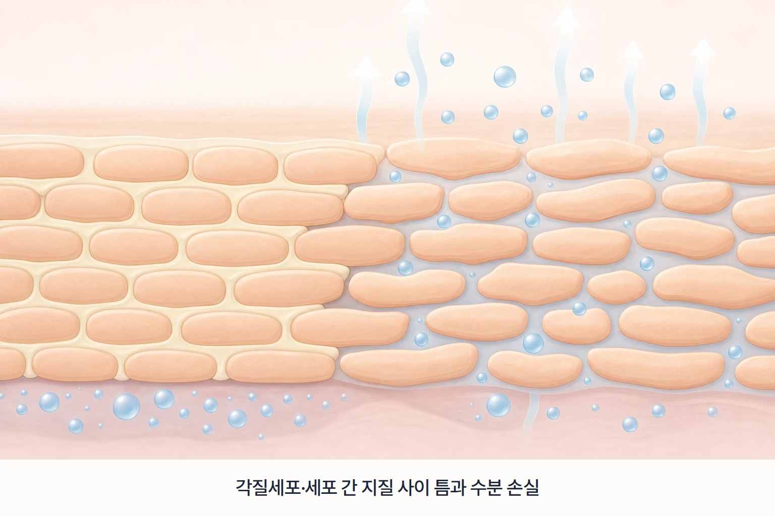벽돌처럼 맞물린 각질세포와 세포 간 지질 사이 틈으로 수분이 빠져나가는 피부 장벽 개념도