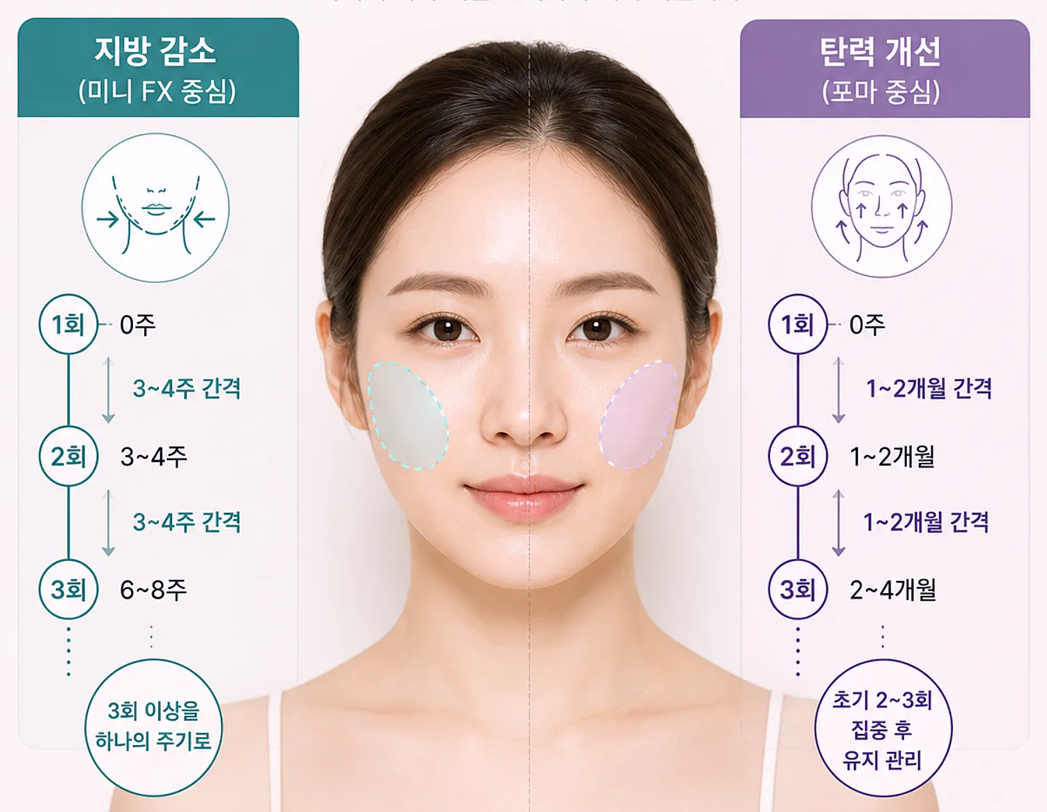 인모드 목적별 시술 간격 - 지방 감소와 탄력 개선 회차 비교