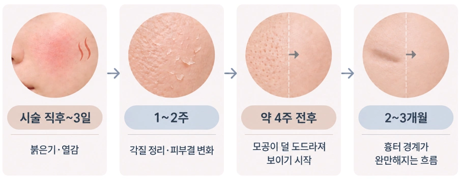 피코프락셀 시술 후 콜라겐 재배열과 모공 주변 변화를 주차별 시점으로 정리한 경과 흐름도