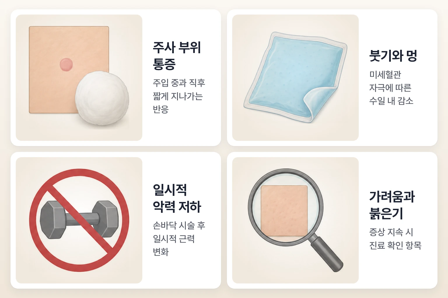 다한증 보톡스 후 주사 부위 통증과 붉은기 멍 가려움 및 손 근력 저하