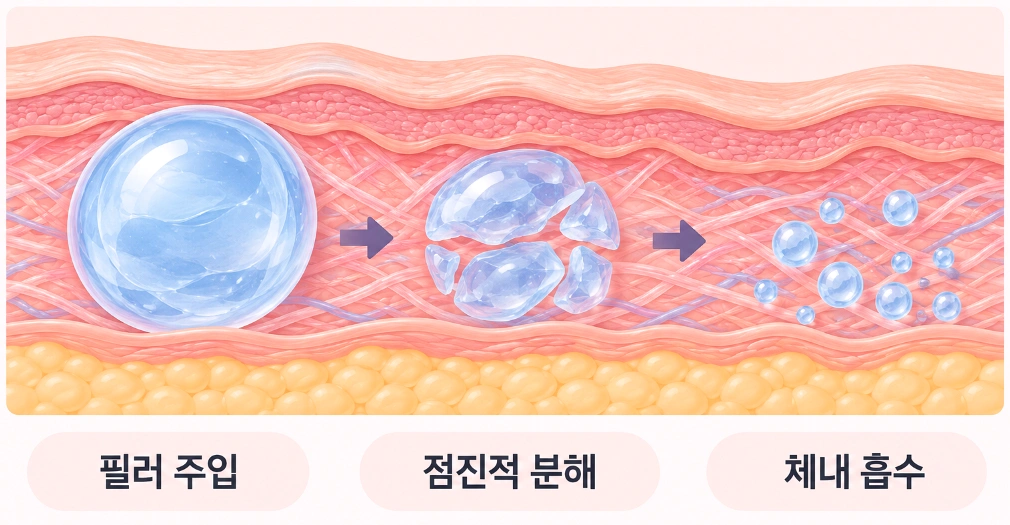 히알루론산 필러 주입 후 점진적으로 분해되고 체내에 흡수되는 과정을 나타낸 피부 단면도