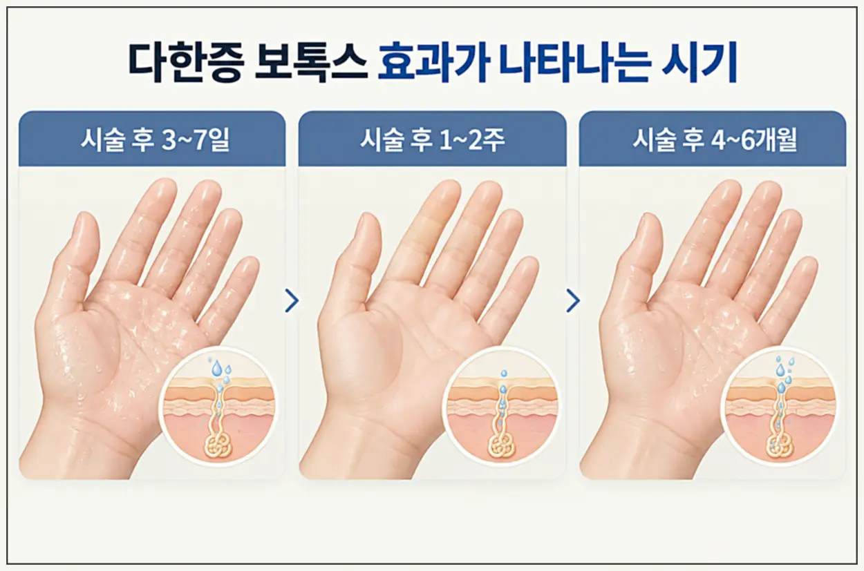 손 다한증 보톡스 효과가 나타나는 시기 비교 이미지, 시술 후 3~7일 땀 감소 시작, 1~2주 효과 발현, 4~6개월 후 땀 분비 재증가 과정