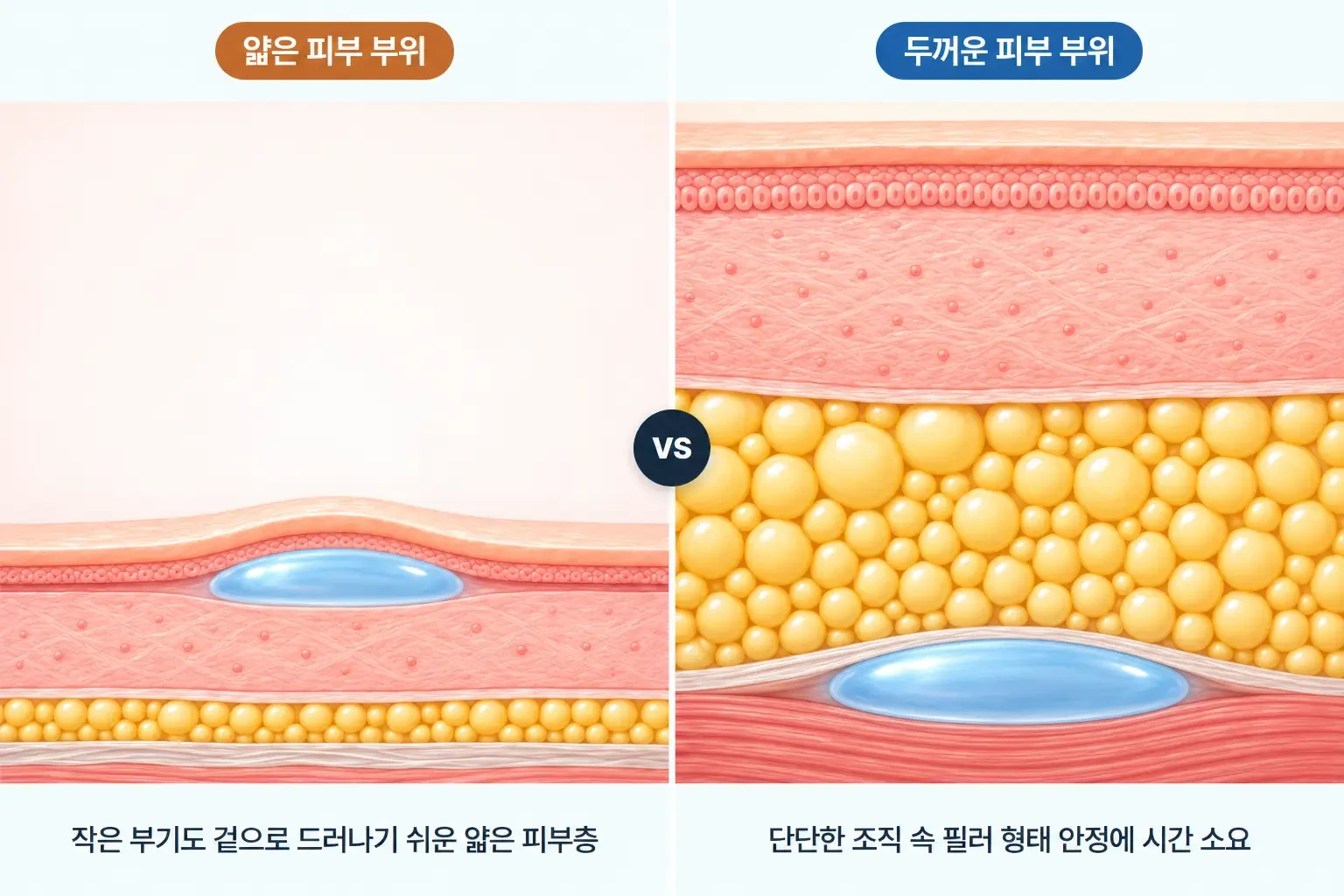 피부가 얇은 부위와 두꺼운 부위에 주입된 필러의 깊이와 주변 조직을 나란히 비교한 단면도