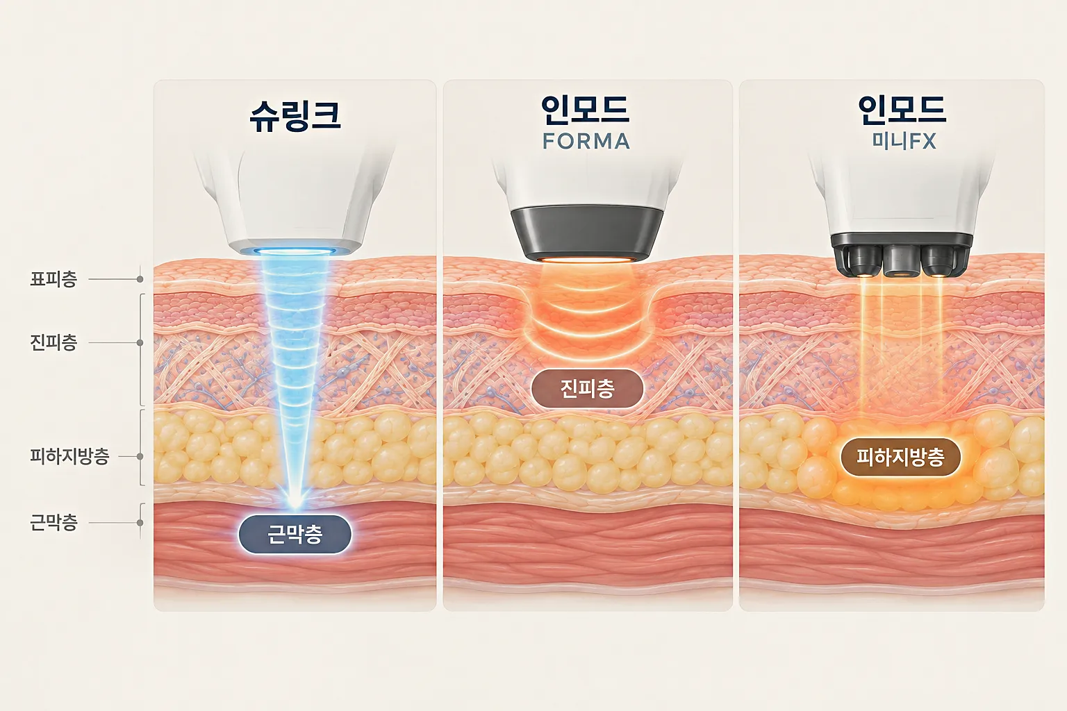 슈링크 근막층과 인모드 진피 지방층 작용 깊이 비교