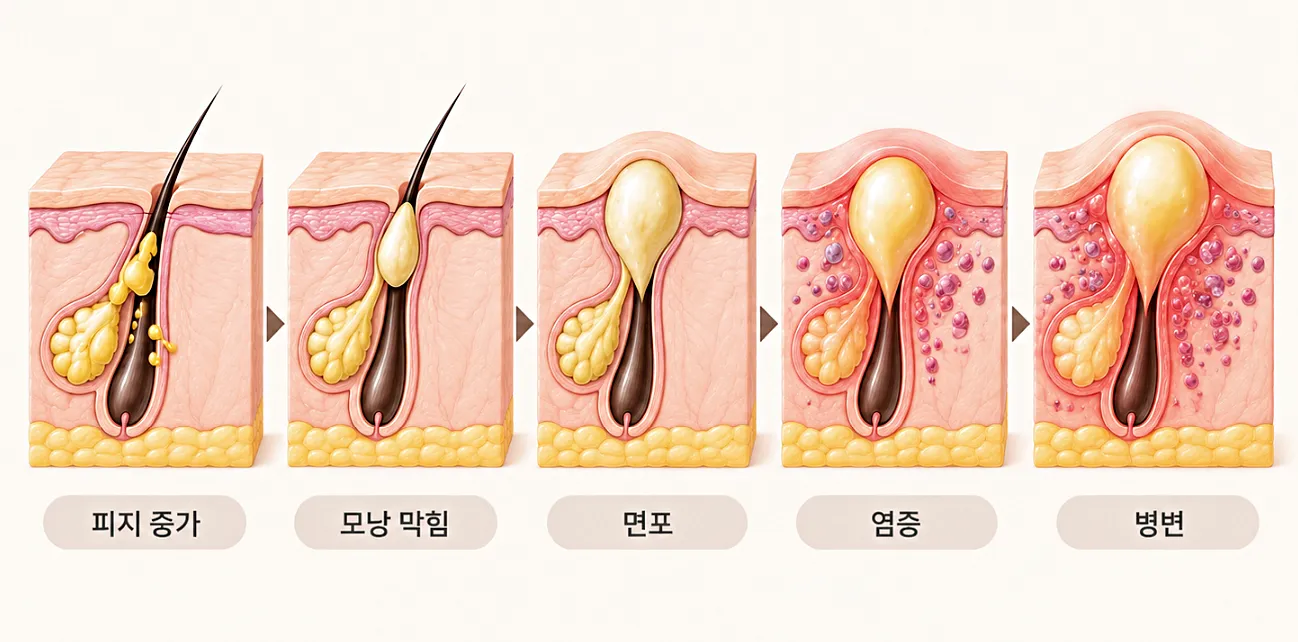염증성 여드름 진행 5단계 - 피지 증가부터 염증까지 모공 단면도
