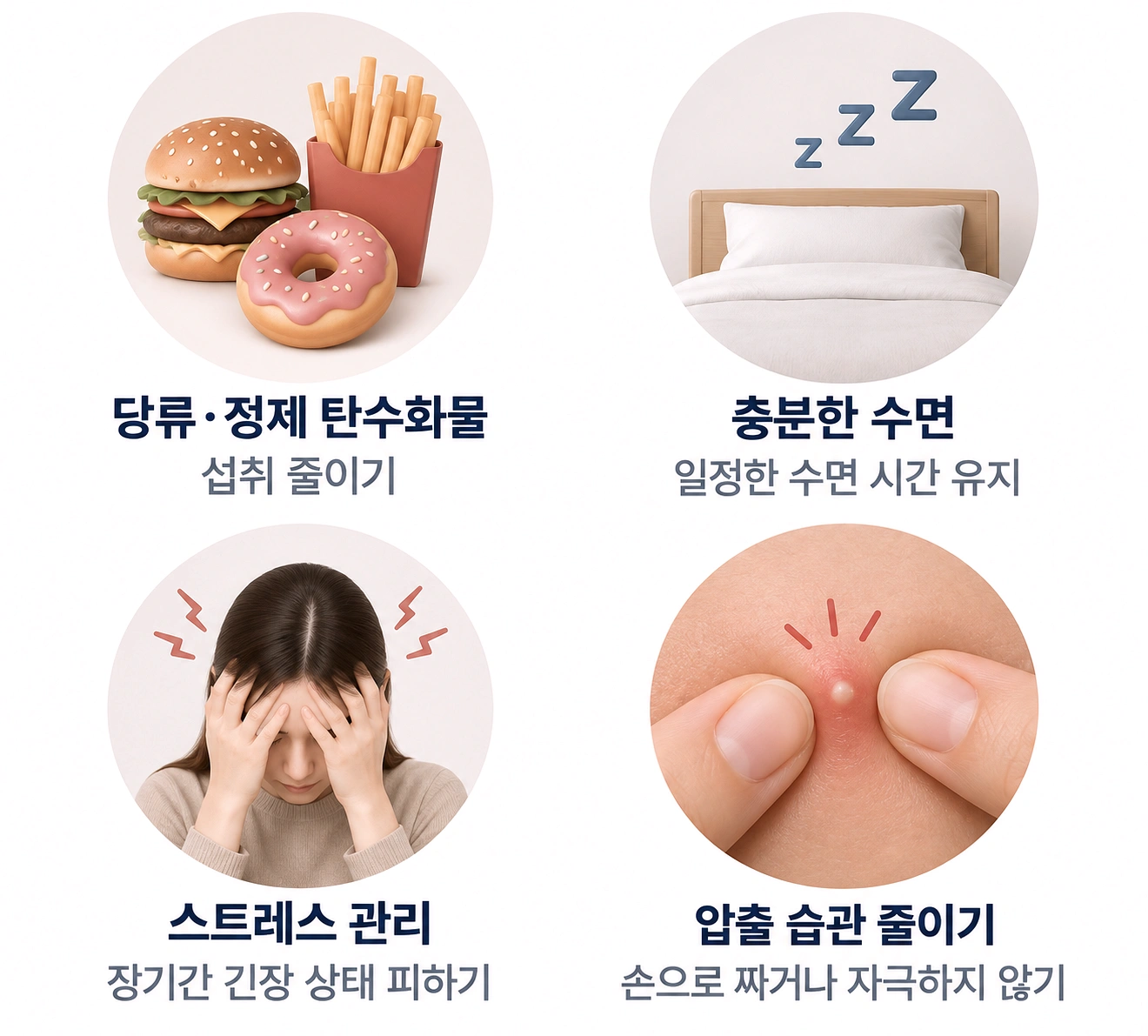 당류와 정제 탄수화물 섭취 줄이기, 충분한 수면, 스트레스 관리, 압출 자제 등 피지 관리를 위한 생활습관 이미지