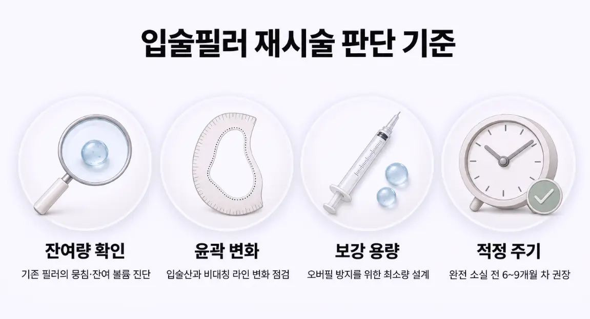 입술필러 시술 주기 준수 원칙을 담은 재시술 판단 기준 안내도