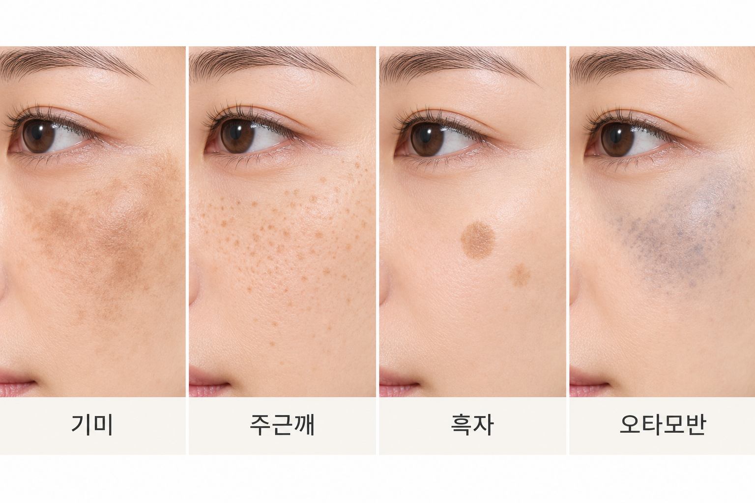 기미, 주근깨, 흑자, 오타모반의 색과 분포 형태를 비교한 피부 모습