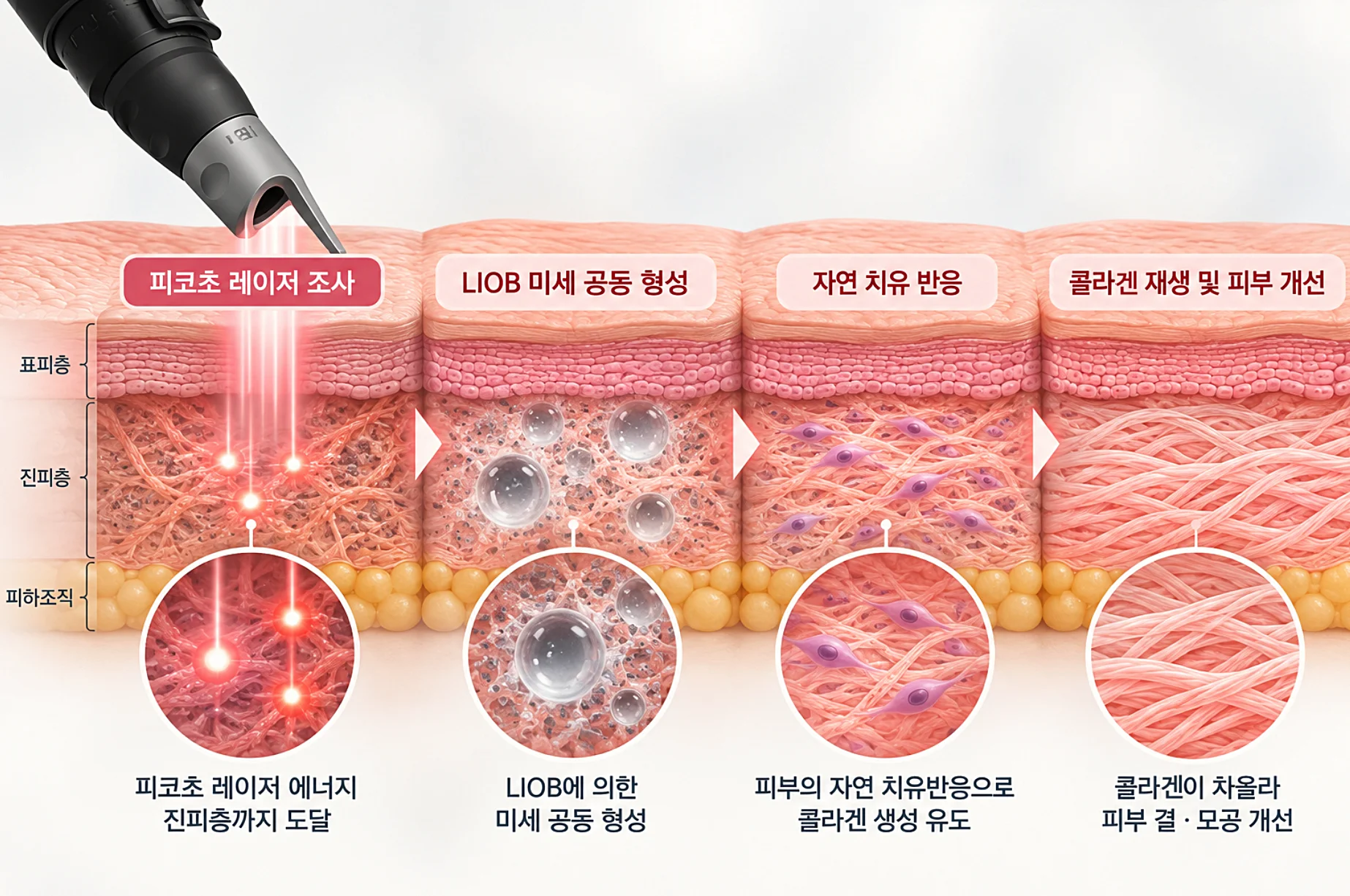 표피 손상 없이 진피층에 미세 공동을 형성하여 콜라겐 재생을 유도하는 피코프락셀 LIOB 메커니즘 단면도