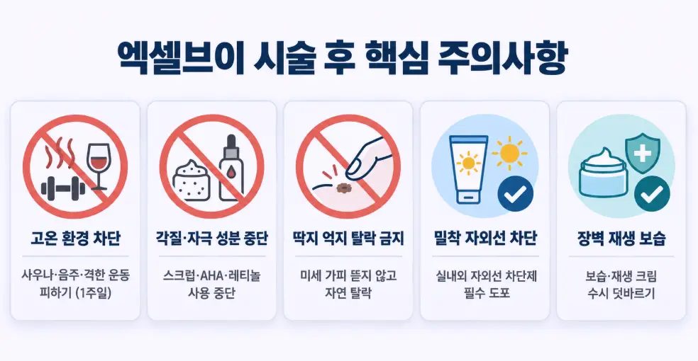 엑셀브이 시술 후 효과 유지를 위한 5대 핵심 주의사항인 고온 환경 차단, 자극 성분 중단, 미세 딱지 자연 탈락, 자외선 차단, 재생 보습 수칙 안내