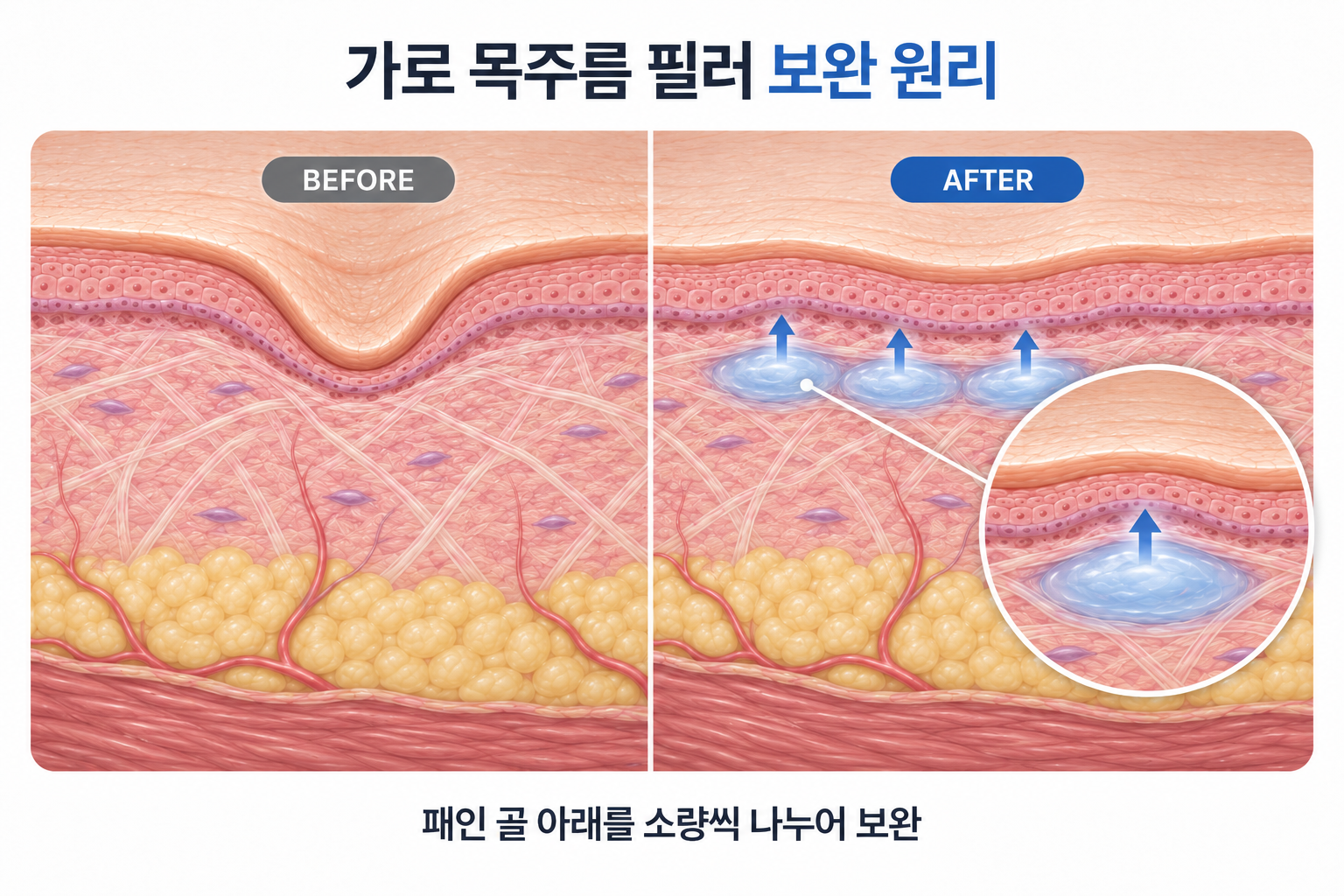 가로 목주름의 패인 골 아래에 필러를 나누어 보완하는 원리