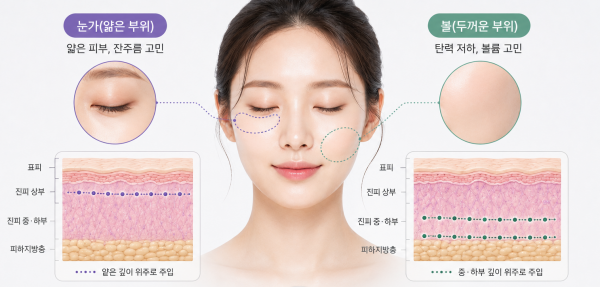 눈가와 볼 피부 두께에 따른 스킨부스터 주입 깊이 및 피부층 비교