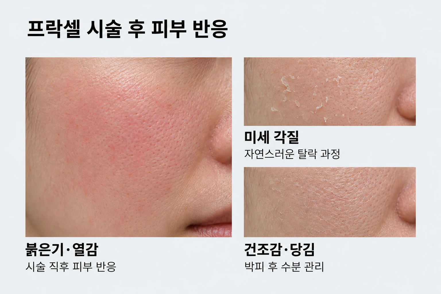 프락셀 후 나타날 수 있는 붉은기와 미세 각질, 건조한 피부의 모습