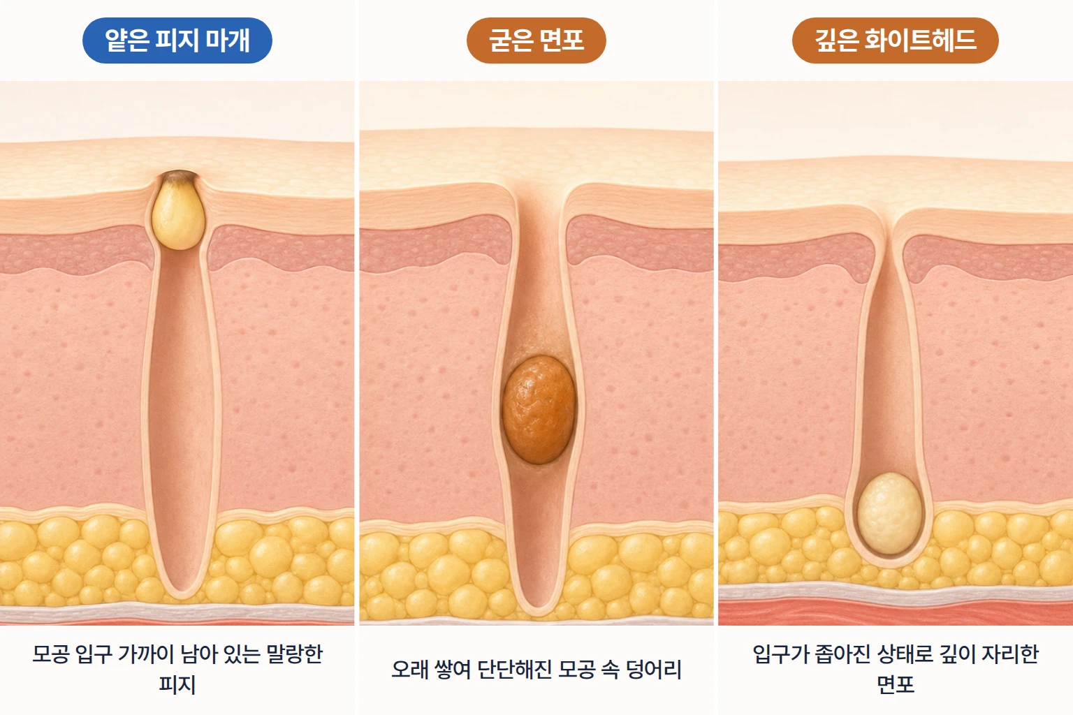 모공 입구의 말랑한 피지와 깊이 굳은 면포 위치를 같은 배율로 비교한 피부 단면 모식도