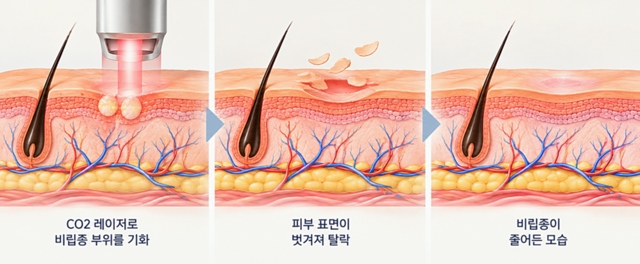 CO2 레이저로 얼굴 비립종 부위를 기화시켜 각질을 제거하고 피부 표면이 회복되는 과정을 나타낸 피부 단면 일러스트