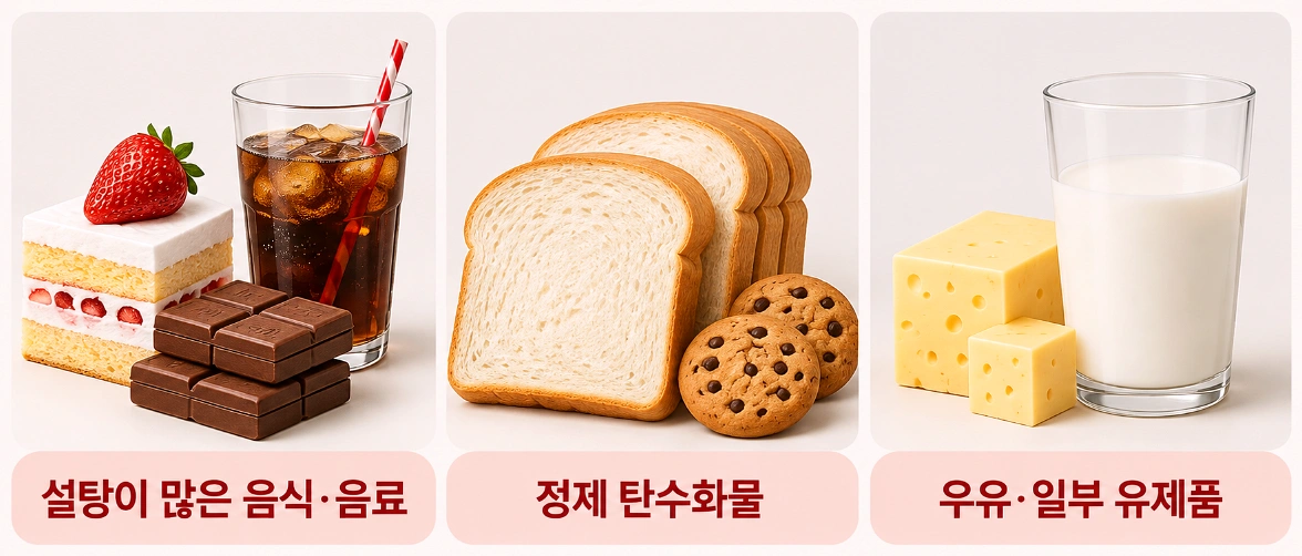 여드름 원인 중 설탕이 많은 음식·음료, 정제 탄수화물, 우유·일부 유제품을 비교한 이미지
