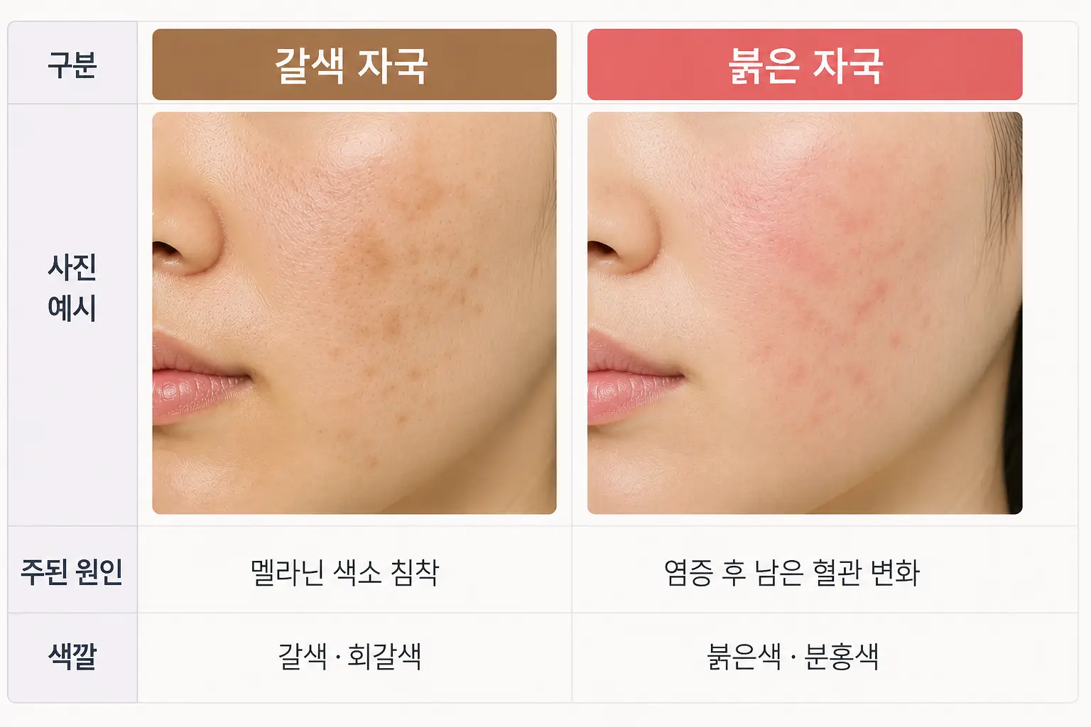 여드름 착색으로 남은 갈색 자국과 붉은 자국의 차이