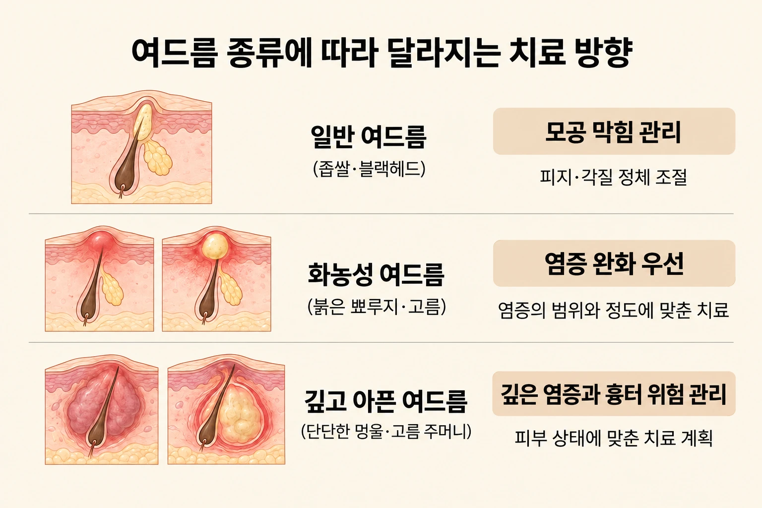 일반·화농성·깊은 여드름의 단계별 모공 관리와 염증·흉터 예방 방향 비교