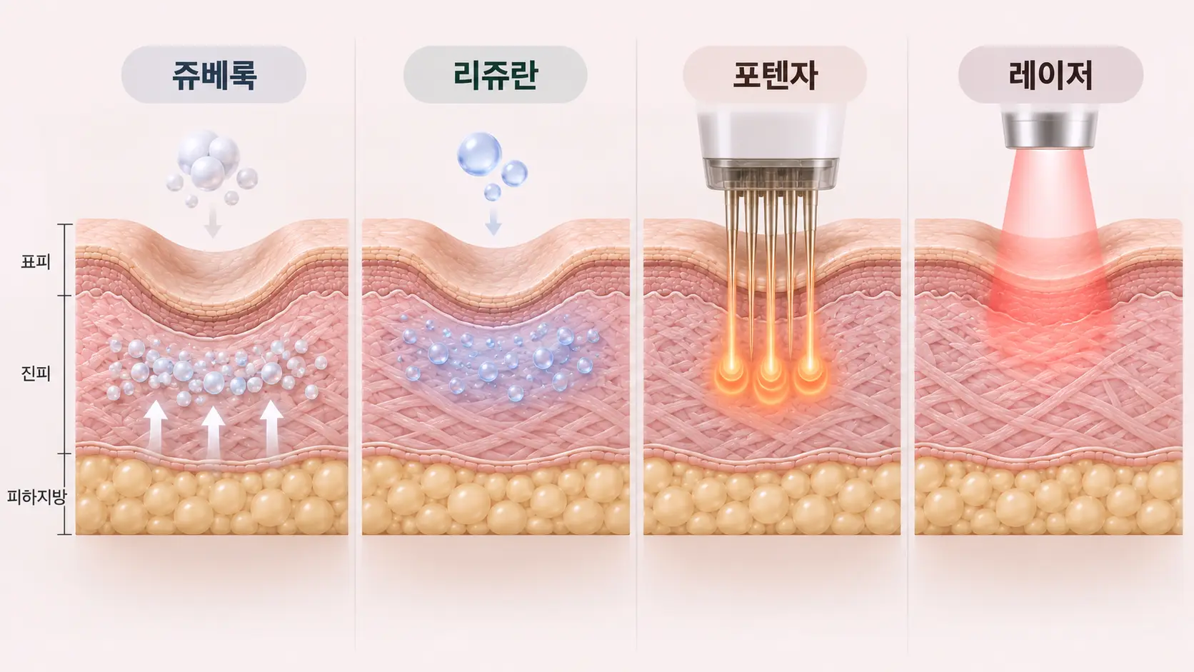 쥬베룩 리쥬란 포텐자 프락셀 여드름흉터 시술 접근 층위 비교